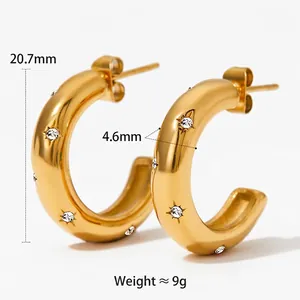 Gold C-shaped stainless steel earrings with starburst zircon inlay, 20.7mm size