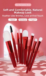 Detailed set of 8 mini makeup brushes with red handles and fine white synthetic bristles