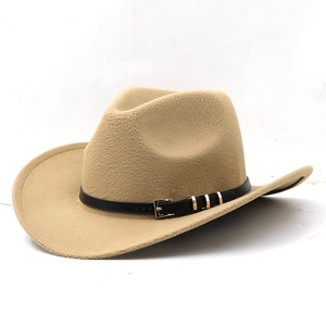 Detail of camel wool cowboy hat featuring a black leather band and gold metal buckle