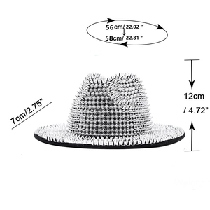 Punk black rivet denim hat with silver studs and detailed dimensions for party wear