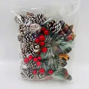 Christmas decoration set with pine cones, red berries, and needles in transparent packaging