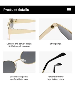 Detailed close-up of golden oval sunglasses with durable metal hinges and soft nose pads