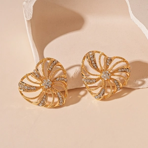 Heart Shape Hollow Spiral Alloy Earrings With Rhinestones And Silver Earring Post Elegant For Women