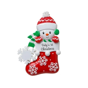 Resin snowman in Christmas stocking hanging ornament with Baby's 1st Christmas text