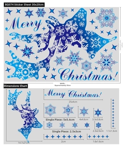 Guide des tailles pour stickers de Noël bleus avec renne flocon de neige et texte de joyeux Noël