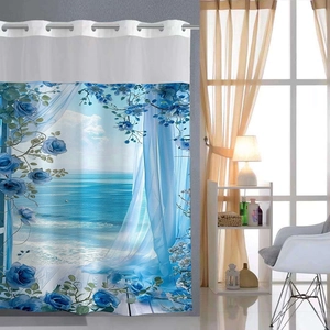 Close-up of waterproof shower curtain with silver grommets and blue floral ocean print