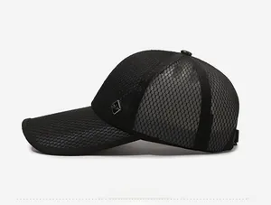 Detail of black breathable mesh baseball cap featuring a diamond metal logo on the side