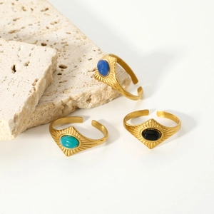 Retro Stainless Steel Ring Women 18K Gold Plated Natural Stone Oval Sunburst Pattern Open Adjustable Jewelry