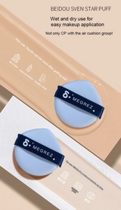 Detailed close-up of blue teardrop-shaped makeup sponges on a geometric relief platform
