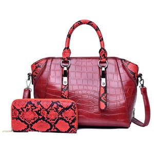 Vintage burgundy faux crocodile tote bag with snakeskin accents and matching wallet
