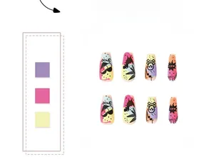 Detail of long ballerina nails featuring colorful graffiti, hearts, and smile text art