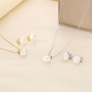 Stainless Steel Necklace And Earrings Jewelry With White Oval Shell Artificial Pearl Minimalist Trendy Sweet Accessories Women