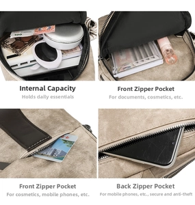 Detail showing multi-layer storage with front zip pockets and anti-theft back pocket
