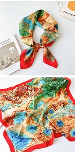Close-up of artistic Van Gogh style oil painting silk scarf with vibrant red borders