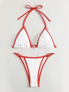 Detail of ribbed bikini set with red heart rings and lace-up drawstring side ties