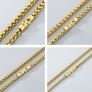 Detailed comparison of four widths of golden wheat chains with rotating clasp closure