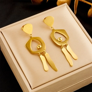 Geometric Drop Earrings Titanium Steel Irregular Round Tassel Dangle For Women Vintage Minimalist Style Gold Plated
