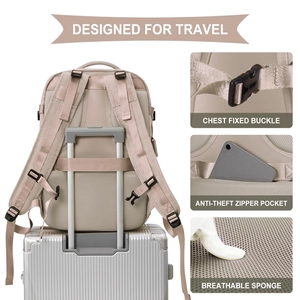 Detail showing luggage strap, anti-theft pocket, and breathable padding on beige backpack