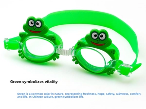 Detail of green kids frog swim goggles with flexible silicone frame and adjustable strap