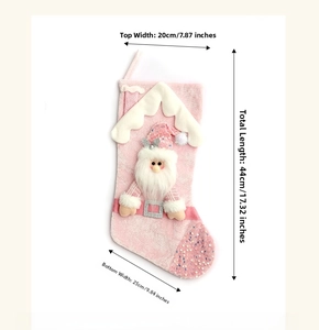 Detailed view of pink sequin Christmas stocking with 3D Santa and size measurements