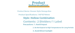 Detailed specs of modular drawer organizer with two dividers and one label included