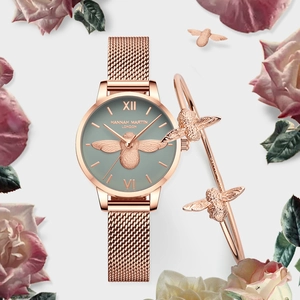 Élégante Montre à Quartz pour Femme Relief Abeille 3D Bracelet en Maille d'Acier Inoxydable Montre-Bracelet Vintage Chiffres Romains