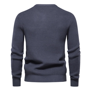 Men's navy blue waffle knit sweater with crew neck and long sleeves, back view on white background