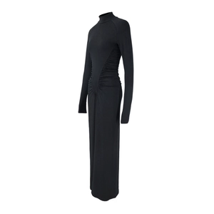Detail of elegant black high-neck maxi dress featuring slim-fit ruched waist details