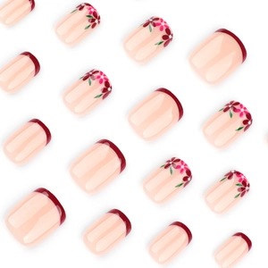 Short square press on nails with red French tips and hand-painted floral designs