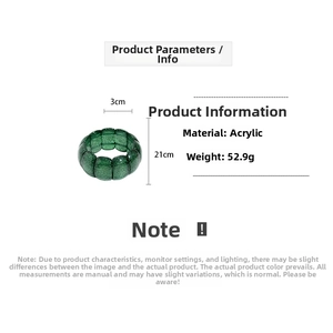 Detail view of green glitter acrylic bracelet with dimensions 3cm width and 21cm perimeter