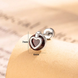 Silver heart stud earring with dark red zircon and hollow design, 7mm height