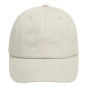 Close-up of cream-colored cotton baseball cap with premium twill texture and six-panel design