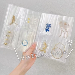Detailed view of clear multi-slot PVC storage bags organizing small earrings and jewelry