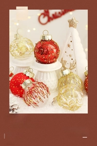 Detail of painted PET Christmas balls with glitter and gold patterns for tree decoration
