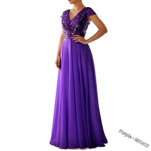 Close-up of deep purple evening gown featuring sparkly sequined bodice and V-neckline