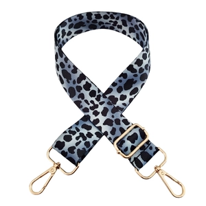 Close-up of leopard print replacement bag strap with blue webbing and gold hardware