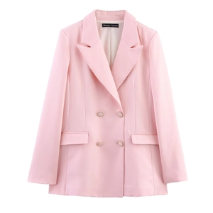Pink double-breasted suit blazer for women with shoulder pads on white background