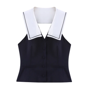 Summer contrast color halter vest with oversized collar and single breasted buttons