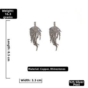 Detailed view of rhinestone leaf tassel earrings with weight and size specifications