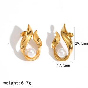 French vintage gold U-shaped stainless steel earrings with elegant pearls for women