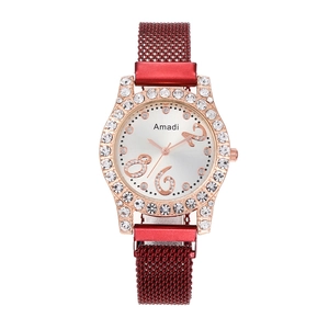 Detail of burgundy Milanese strap with rose gold diamond bezel and sunray dial