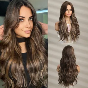 Detail of 24 inch long wavy synthetic wig with ombre golden and pink highlights