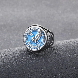 Mens silver eagle ring with blue enamel shield and Fraternal Order of Eagles engraving
