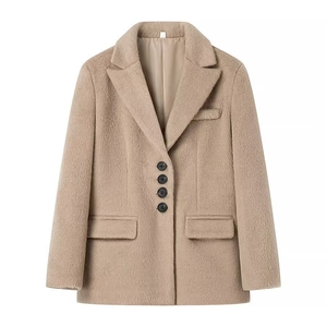 Women's casual loose wool plush jacket with lapel collar and single-breasted design in camel