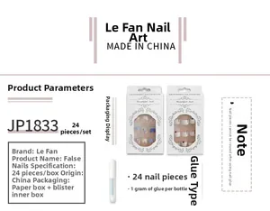 Détails du kit de 24 faux ongles courts avec colle et spécifications d'emballage