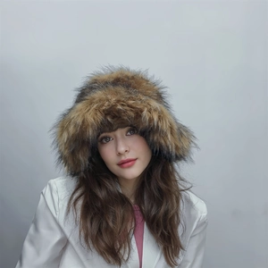 Brown faux raccoon fur plush hat for women in winter, punk style warm fluffy headwear