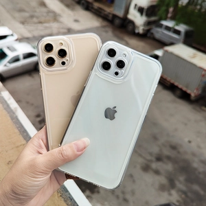 Close-up of clear protective iPhone cases featuring full camera lens protection