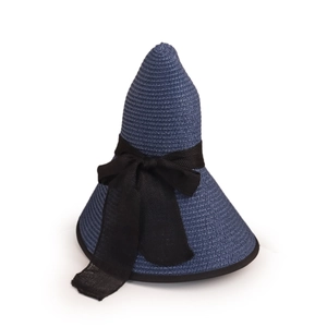 Close-up of blue woven straw sun hat featuring elegant black wide-brim ribbon bow