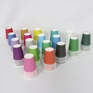 Colorful stack of disposable paper cups arranged in a V-shape on a white background