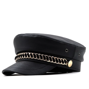 Fashion Newsboy Cap PU Leather Baker Boy Hat With Gold Chain Metal Buttons Retro Fiddler Cap For Women Casual Style